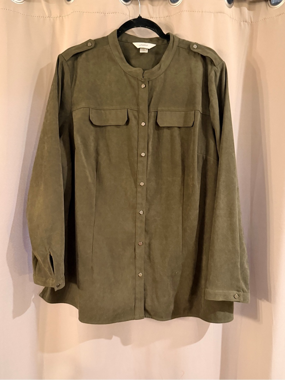 CJ Banks Olive Green Button-Front Suede Shirt Jacket